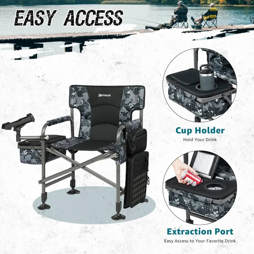 Heavy-Duty Fishing and Camping Chair with Rod Holder, Adjustable Legs, and Cooler Bag