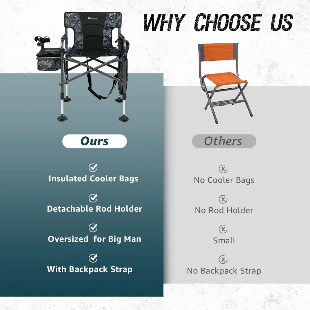 Heavy-Duty Fishing and Camping Chair with Rod Holder, Adjustable Legs, and Cooler Bag