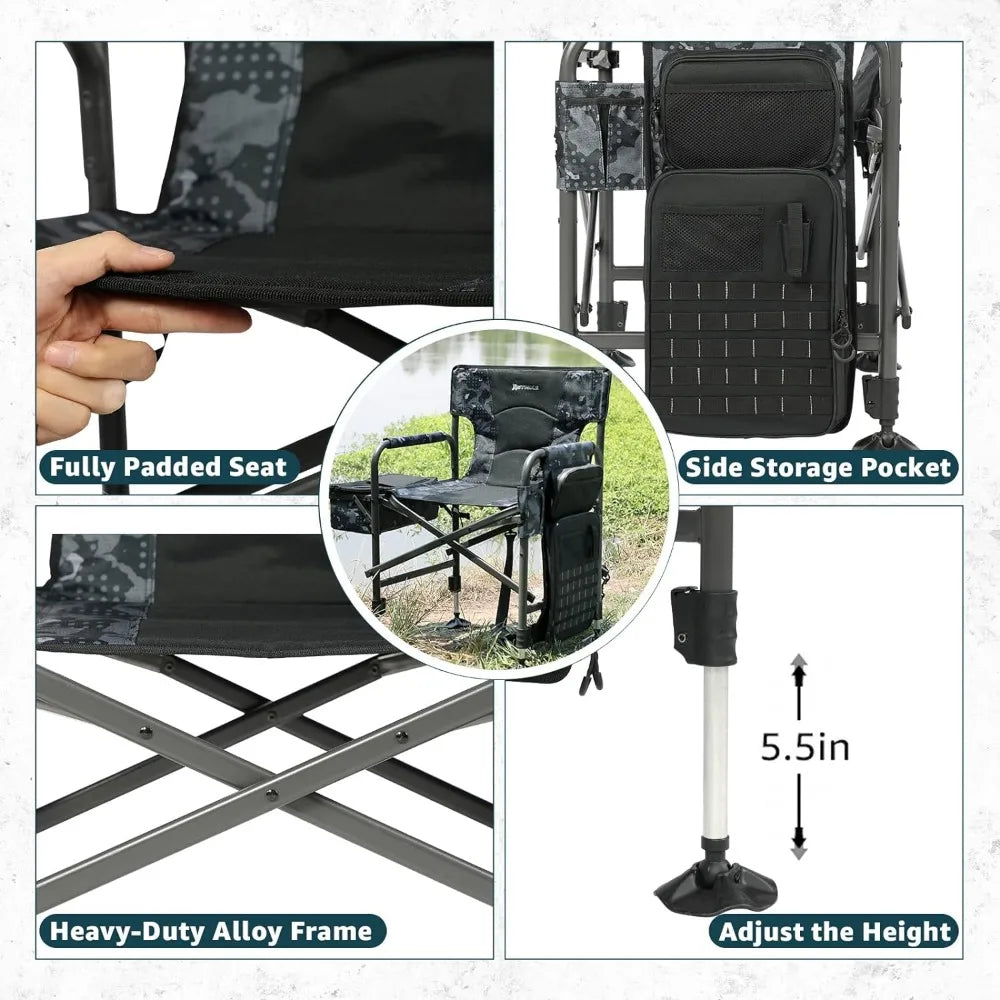 Heavy-Duty Fishing and Camping Chair with Rod Holder, Adjustable Legs, and Cooler Bag